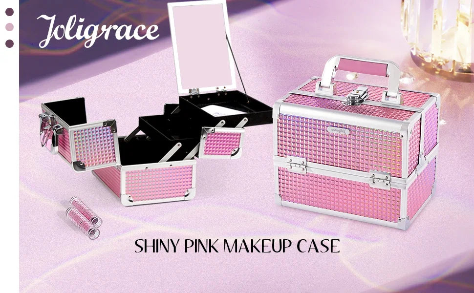 Portable Makeup Case with Mirror 2 Trays Lock Alloy Make-up Suitcase Travel Cosmetic Jewelry Nails Storage Box for Manicure Tech