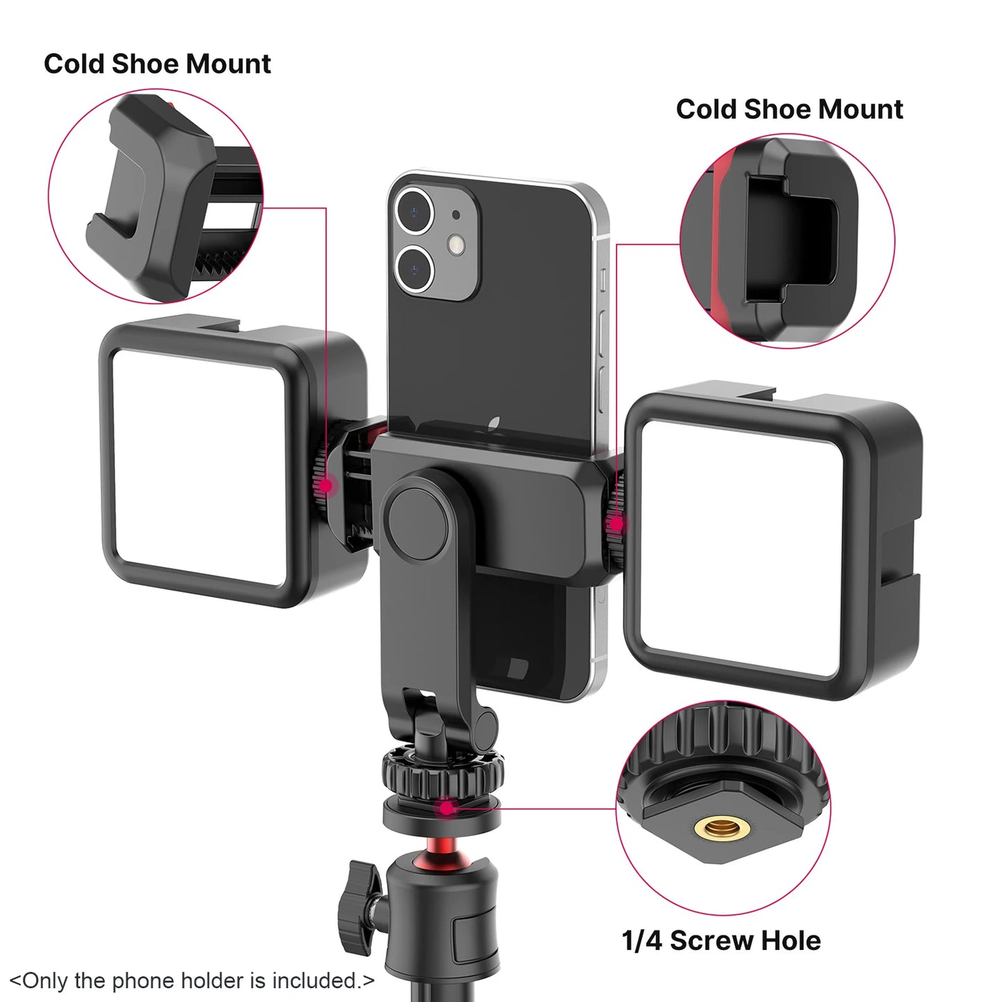 Multi-functional Phone Holder Tripod Mount 360° Rotatable with Dual Cold Shoe Mounts for Smartphone Vlog Selfie Live Streaming