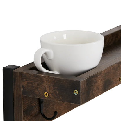 Wall Mounted Wooden Cups Hanging Organizer, Coffee Mug Cup Rack, Holder Shelf, 12 Hooks