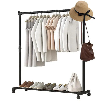 ﻿New Telescopic Clothes Rack Heavy-Duty Double Pole Lifting Clothes Hanger Telescopic Mobile Hanging Clothes Rack For home