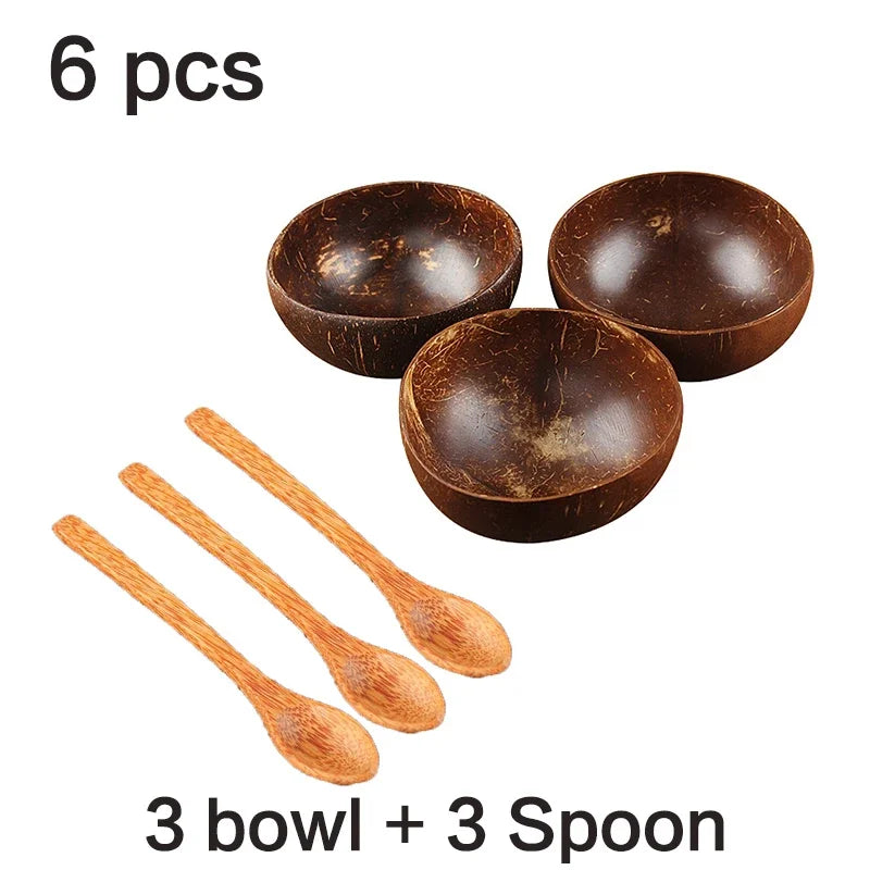 Trend Natural Coconut Bowl Set Spoon Fruit Salad Noodle Rice Bowl Wooden Creative Coconut Shell Smoothie Bowl Tableware Kitchen