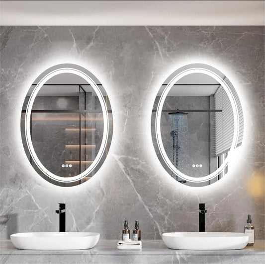 2 Sizes High Lumen Large Antifog Oval LED Bathroom Mirror Wall Makeup Vanity Mirror Smart Touch 3 Color Light Dimmable