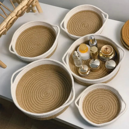 Cotton Rope Woven  Baskets Set Handmade Round 5 Sizes Sundries Organizer with Handle for Cosmetics Bathroom Kitchen Baby basket