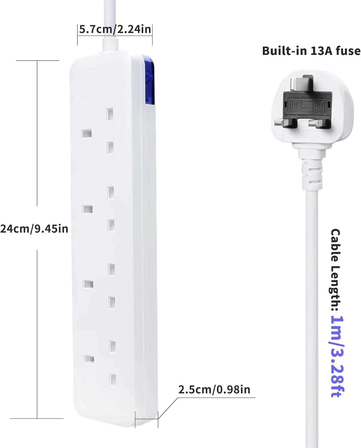 1 pc white 100cm Extension Lead Extension Cord for Home,Office Fireproof Power Socket 3250W 4 Way Power Strip Plug Socket