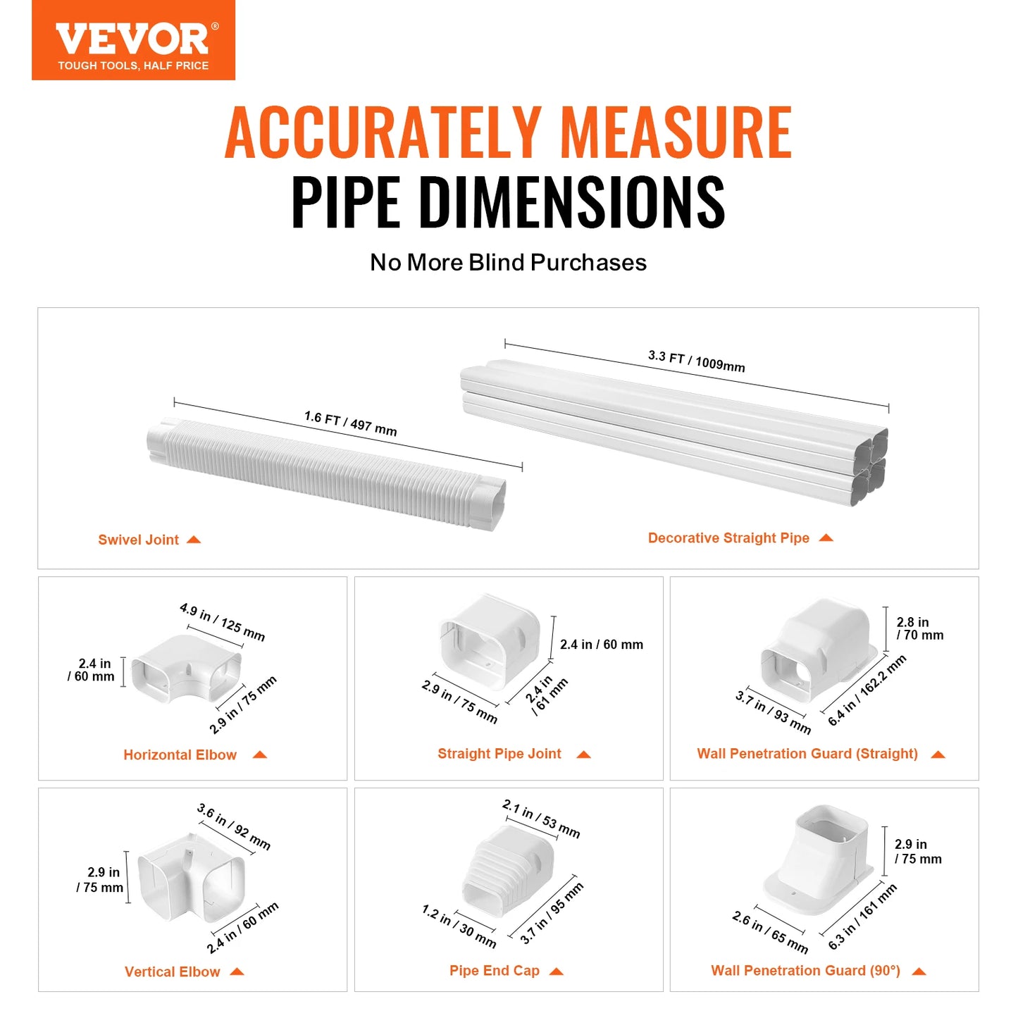 VEVOR Mini Split Line Set Cover PVC Decorative Pipe Line Cover For Air Conditioner Easy to Install Paintable for Heat Pump White