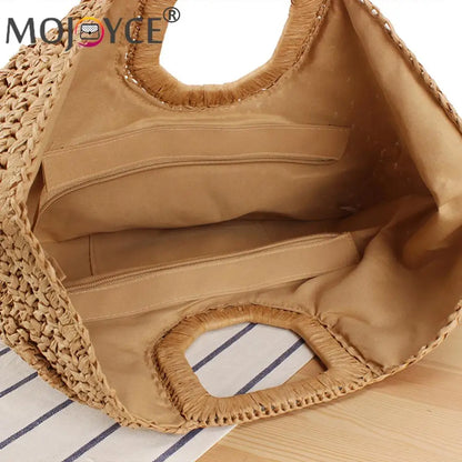 Women Handmade Straw Tote Bag Large Capacity Bohemia Moon Handbag Solid Color Simple Weaving Wrist Bag Summer Beach Bag