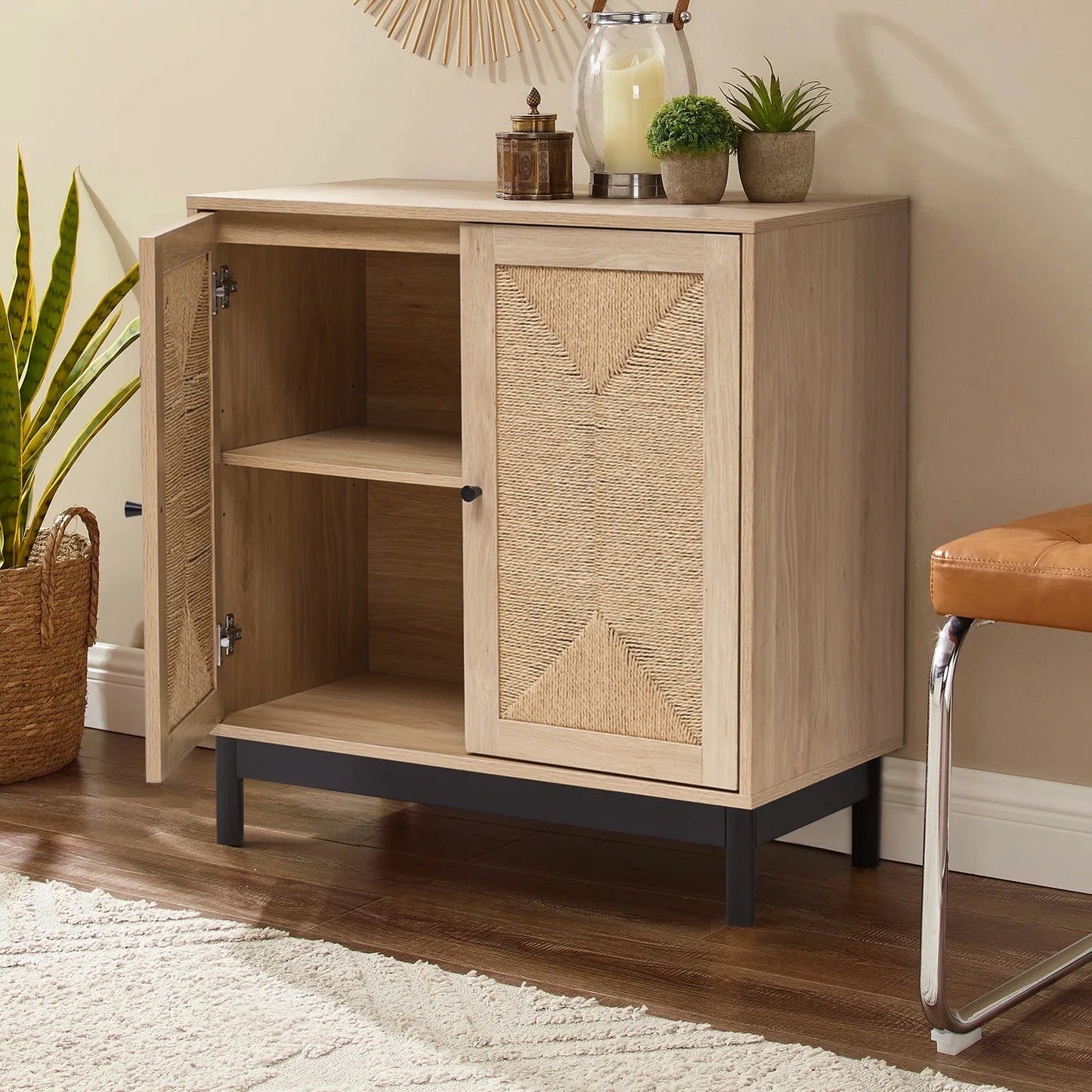 Rustic Wooden Sideboard with Woven Doors, 77cm W x 40cm D x 80.5cm H