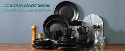 VANCASSO MODA Series 16/32/48 Piece Pottery Dinner Set Black Stoneware Tableware Set with Dinner Plate,Dessert Plate,Bowls,Cups