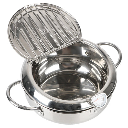 20 cm Cooking Tool 304 Stainless Steel 2 Handles 2.2L With Thermometer and Lid Tempura Fryer Pan Deep Frying Pot