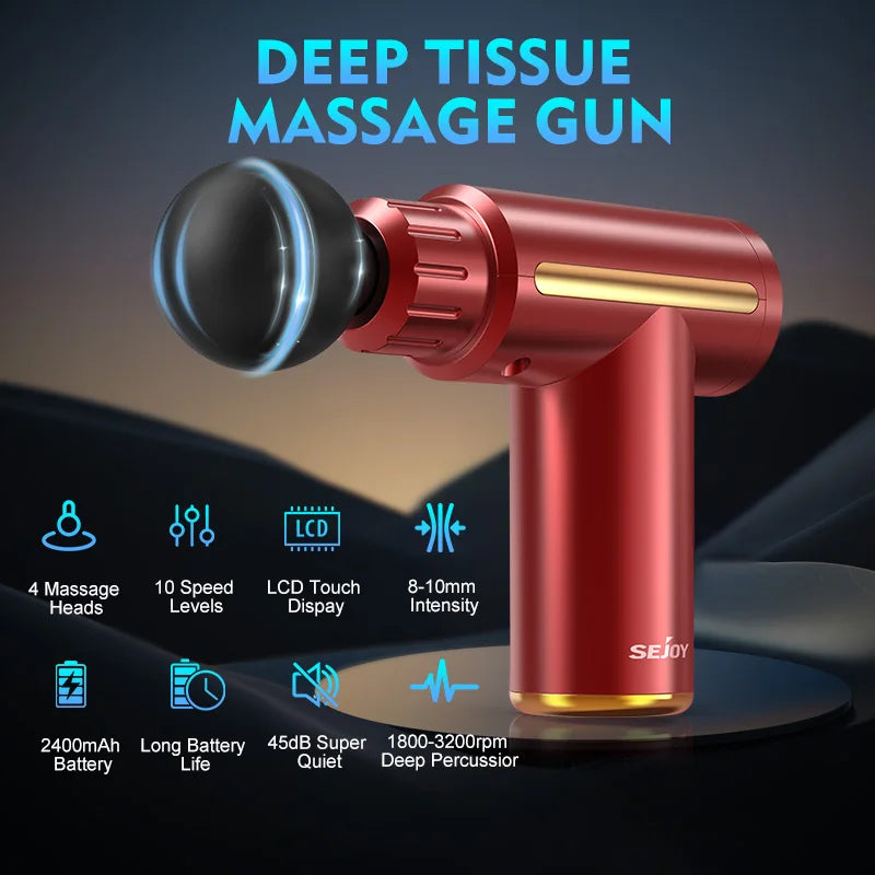 Sejoy Fascia Massage Gun Mini Portable with LED Touch Screen 4 Replaceable Massage Heads 10 Speeds Percussion Massager Red