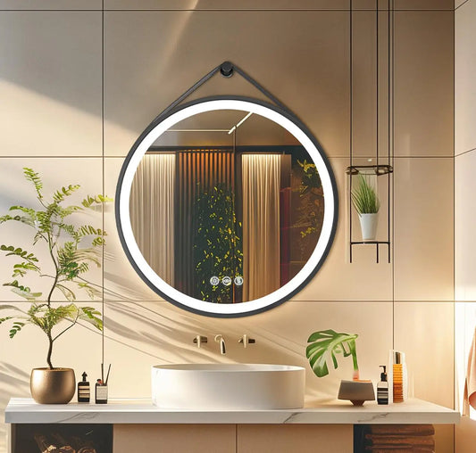 60/70/80CM Round LED Bathroom Mirror Wall Hanging Frontlit Vanity Makeup Mirror with Leather Strap Touch Anti-fog