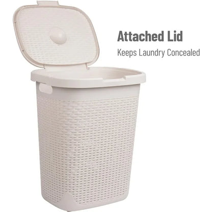 50L Slim Laundry Hamper, Clothes Basket, Lid, Wicker Design, Plastic, 17.65"L x 13.75"W x 21"H