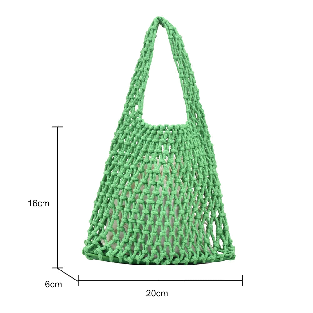 Women Braid Handbag Cotton Linen Top Handle Bag Woven Basket Bag Net Shopper Bag