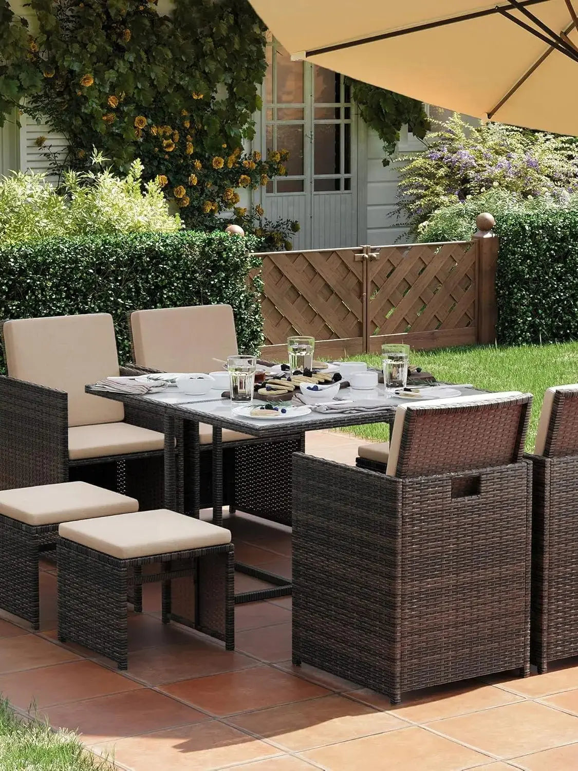 SONGMICS Garden Furniture Set Dining Table and Chairs, Set of 9 PE Rattan Outdoor Patio Furniture, Glass Top Coffee Table