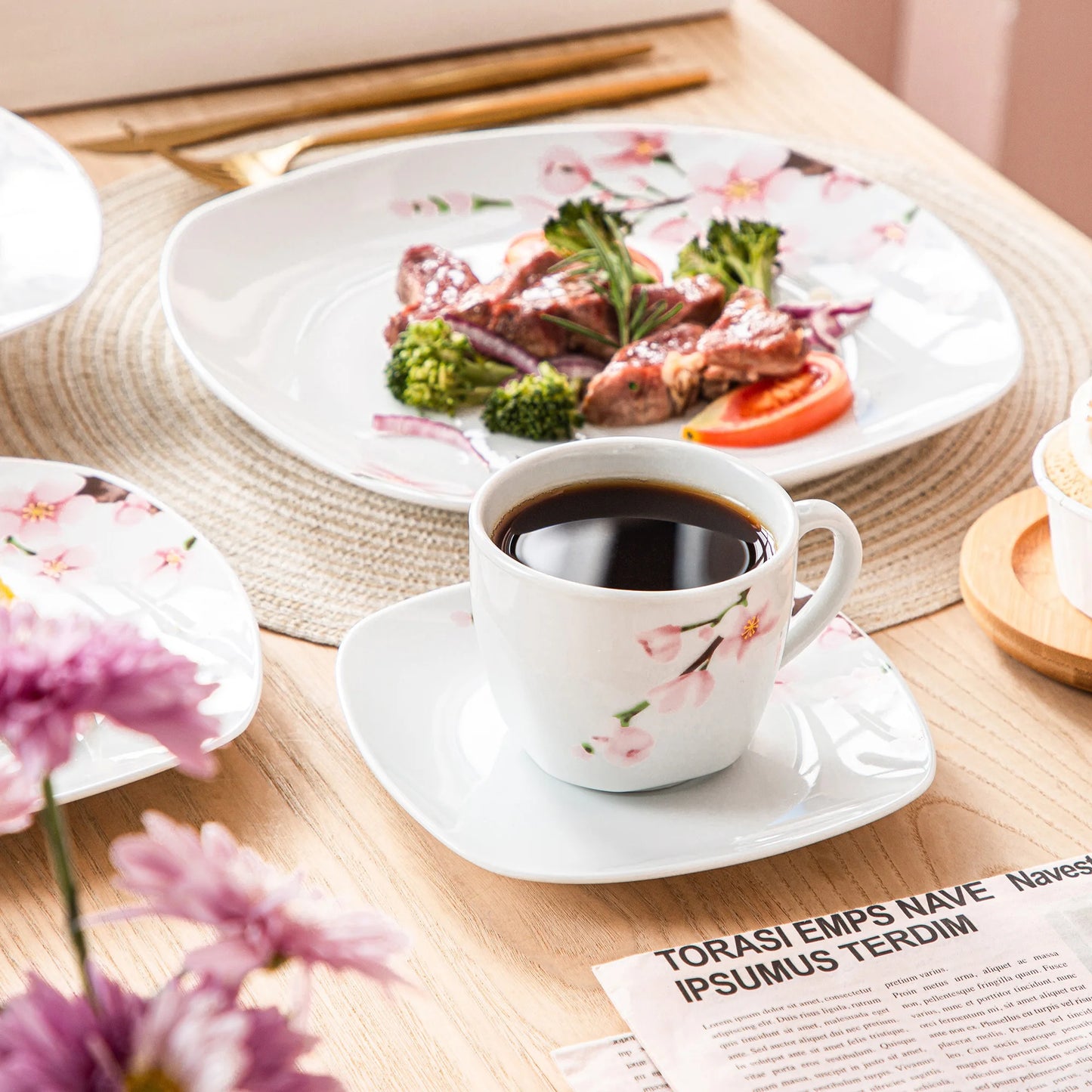 VEWEET 30/60-Piece White Ceramic Pink Floral Porcelain Plate Set with 5PCSDinner Soup Dessert Plate ,Cups Saucers for 12 Person