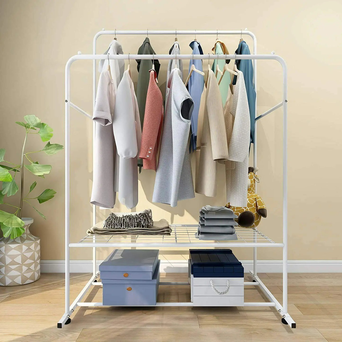 1.5m Large Clothes Rack Double Rail Rolling Stand Shoes Rack Storage Shelf White