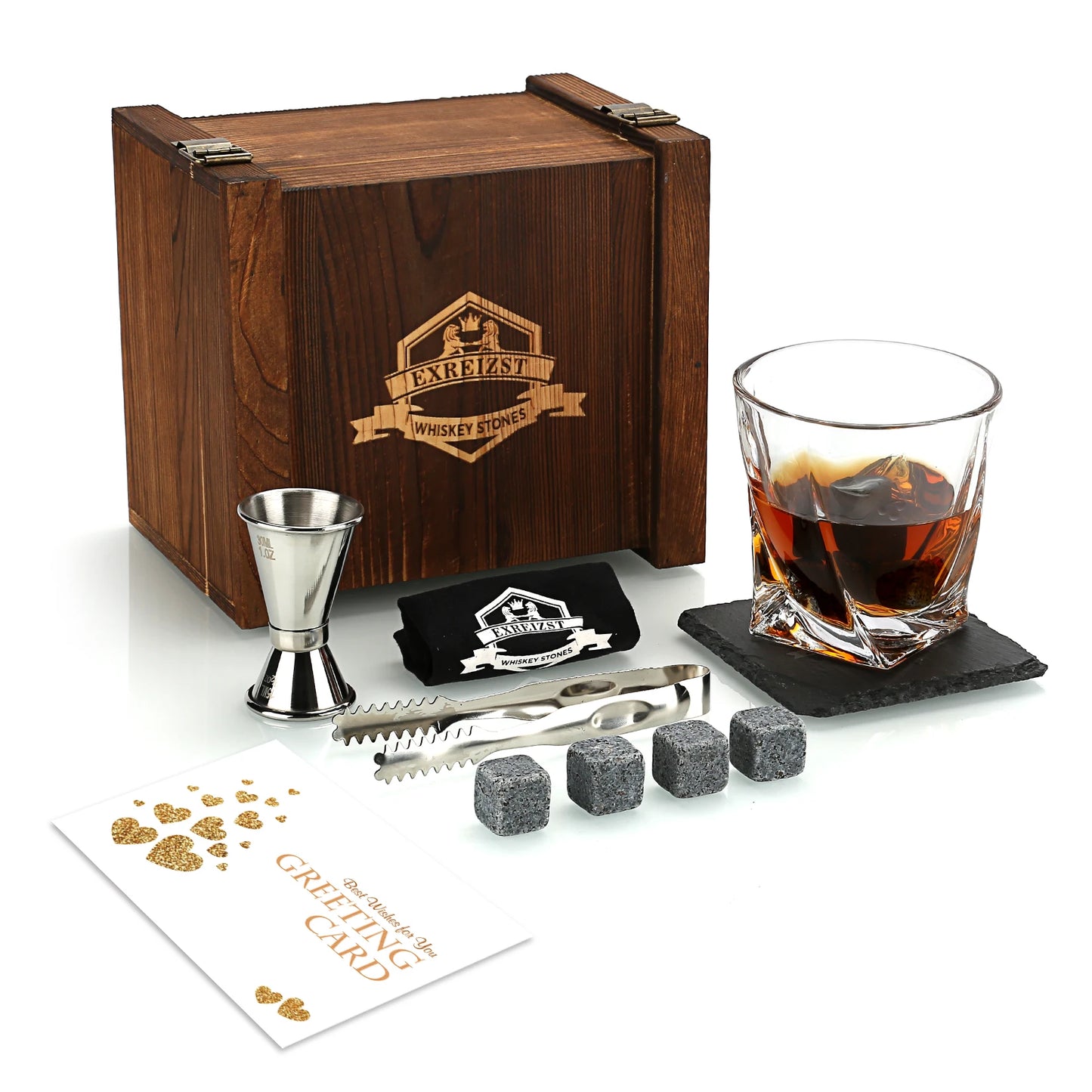 Whiskey Stones & Glasses Set, Granite Ice Cube For Whisky, Whisky Chilling Rocks In Wooden Box, Best Gift For Dad Husband Men