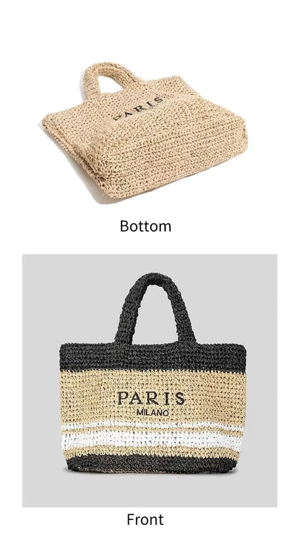 Women's Fashion Large Capacity Handmade Straw Knitting Tote Bag Summer Travel Beach Shoulder Bags Casual Simple Portable Handbag