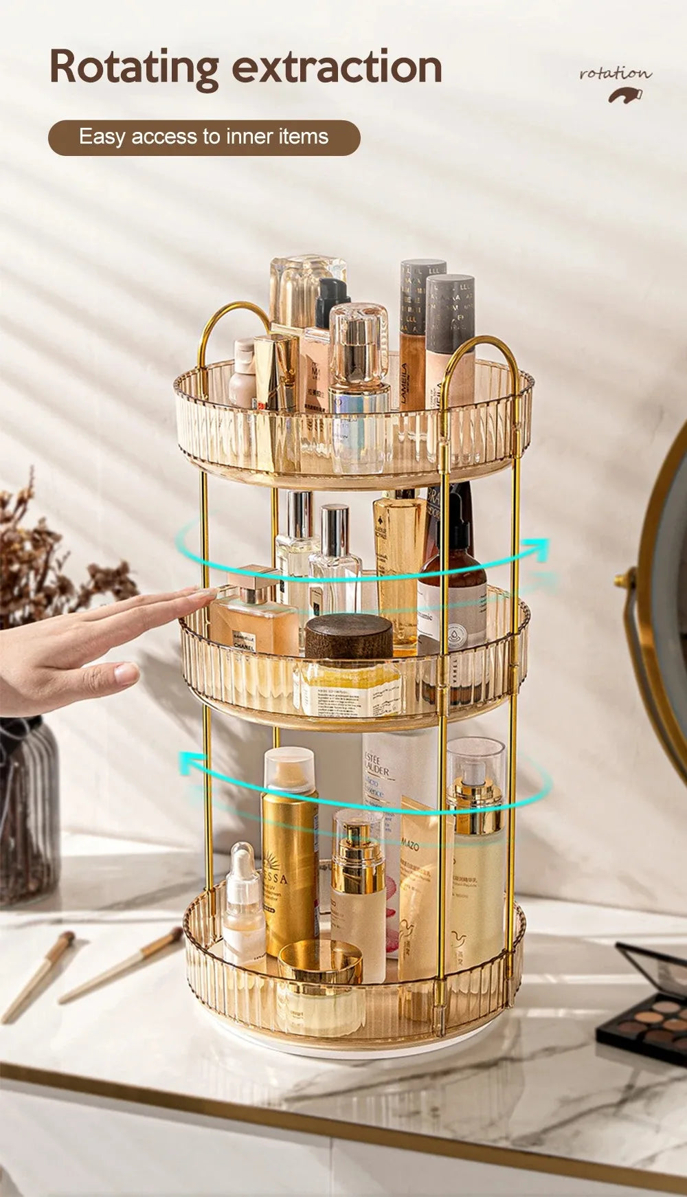 360 Rotating Makeup Organizer for Vanity Bathroom Countertop Organizer Perfume Organizer Skincare Dresser Holder Rack 3 Layers