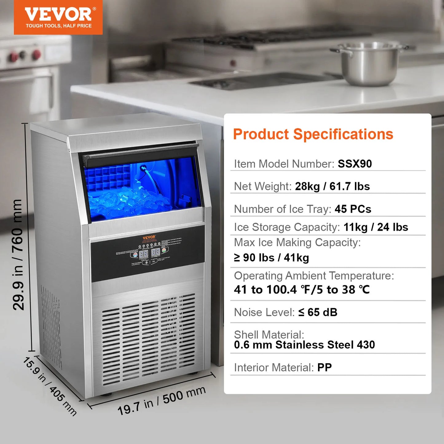 VEVOR Commercial Ice Maker 110lbs/24H 60 Ice Cubes in 12-15 Minutes  33lbs Storage Capacity LED Digital Display