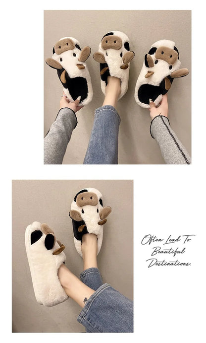 Pallene Women Winter Fur Fuzzy Slippers Cute Cartoon Cow Plush Slippers Indoor Warm Comfy House Slides Soft Casual Cotton Shoes