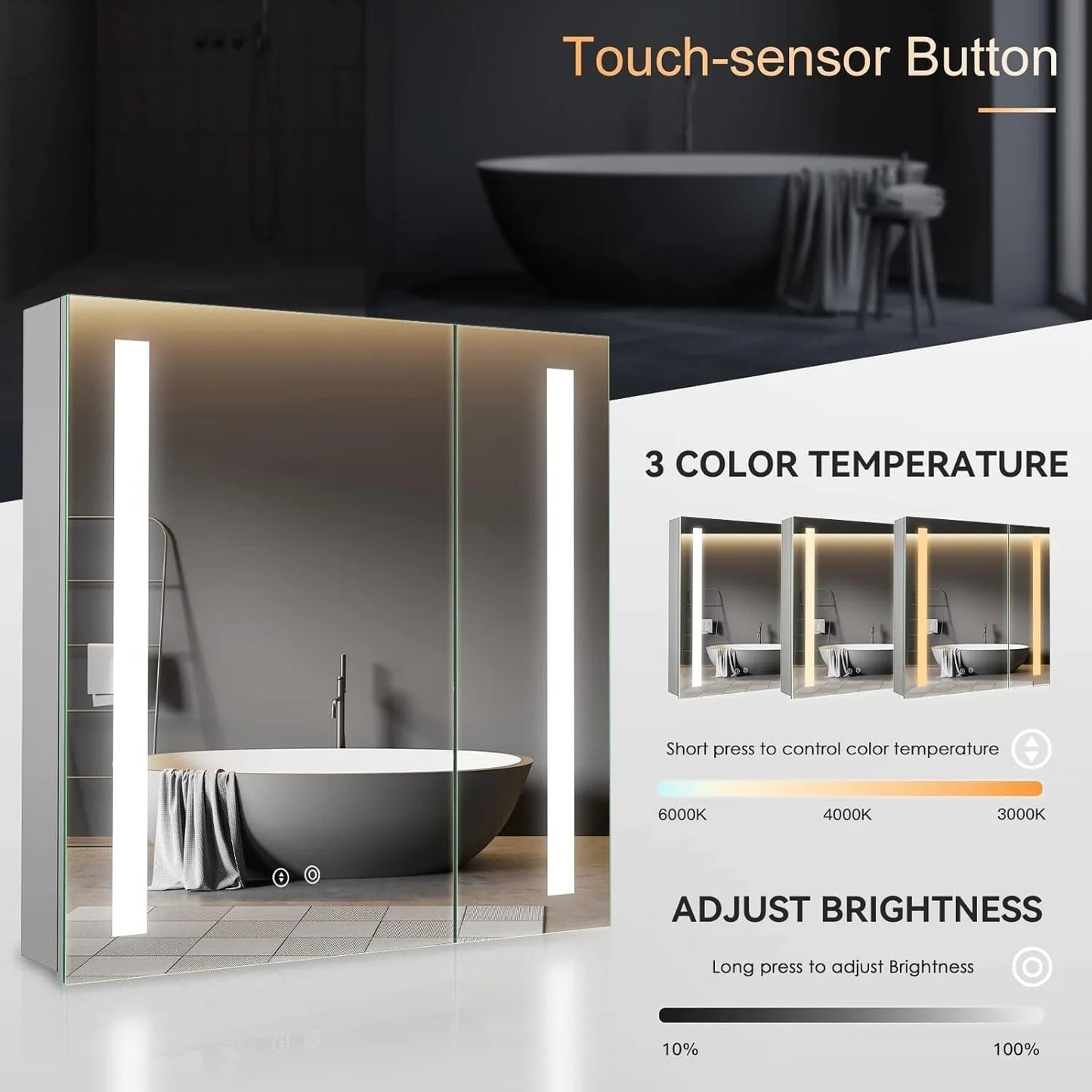 Mirror Cabinet,2 Doors Illuminated LED Bathroom Mirror Cabinet with Shaver Socket Dimmable Switch 3 Colors and Demister Pad-Grey