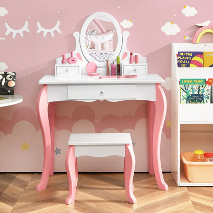 GOFLAME Kids Vanity Table Set with Mirror, 2 in 1 Toddlers Makeup Dressing Table & Stool