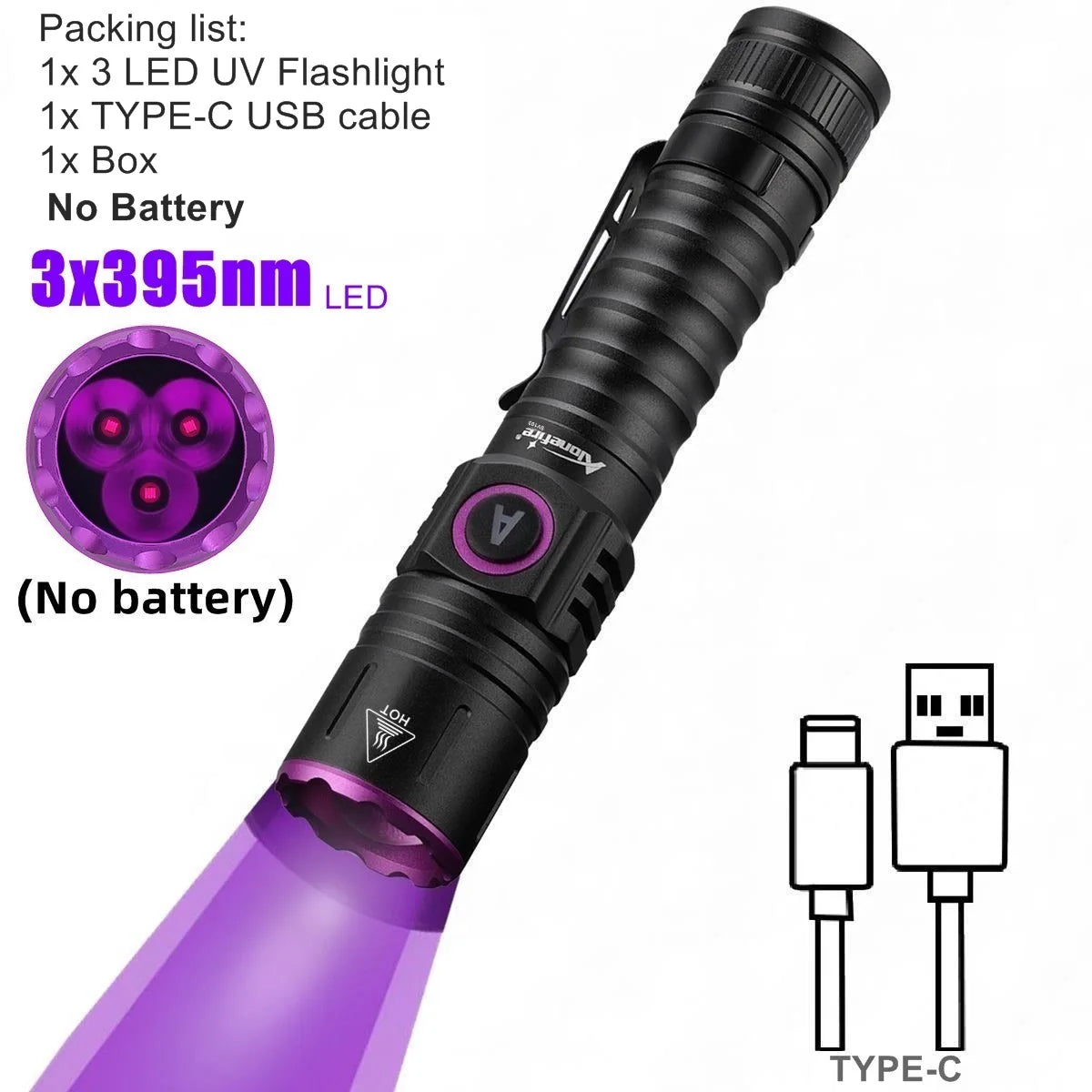 15W High power UV 395/365nm USB Rechargeable Flashlight Cat Dog Urine Tinea Ore Money Scorpion Fluorescence Marker Purple Light