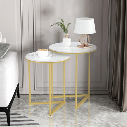 Modern Round Marble Metal Base Nesting Set Side Accent Table Living Room Storage Small End Table, Set of 2, Marble and Gold