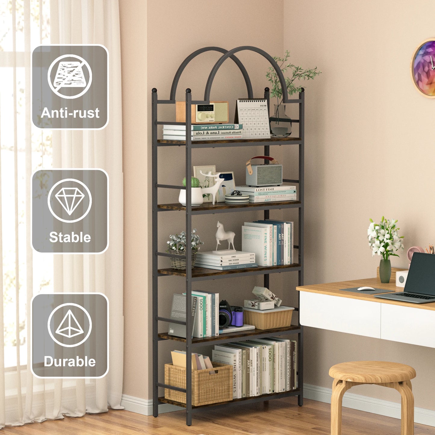 5 Tier Arched Metal Plant Stand Ladder Bookshelf Kitchen Storage Shelving Garden Flower Pot Display Rack for Garden, Balcony