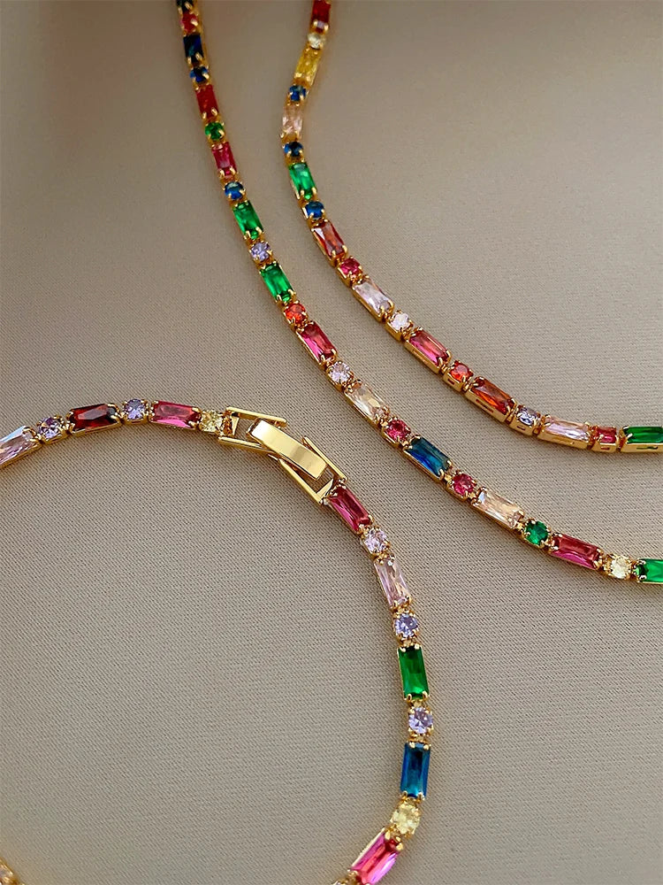 2024 Luxury Design Colorful Zircon Chain Necklace Bracelet Jewelry Sets Korean Fashion Accessories Exquisite Gift for Womens