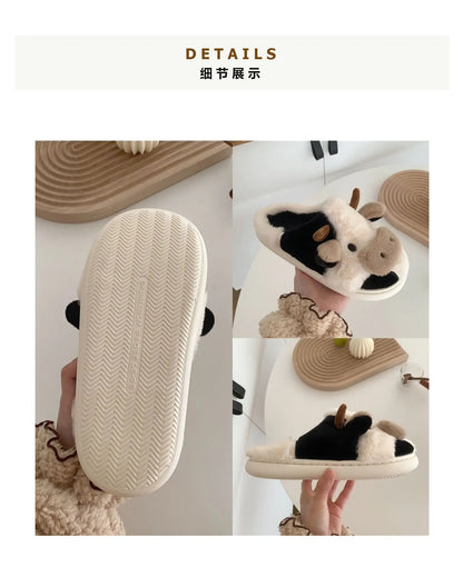 Winter Cow Cotton Slippers Cartoon Warm Plush Slides Shoes Couple's Indoor Non-slip Slides House Men and Women Home Flip Flops