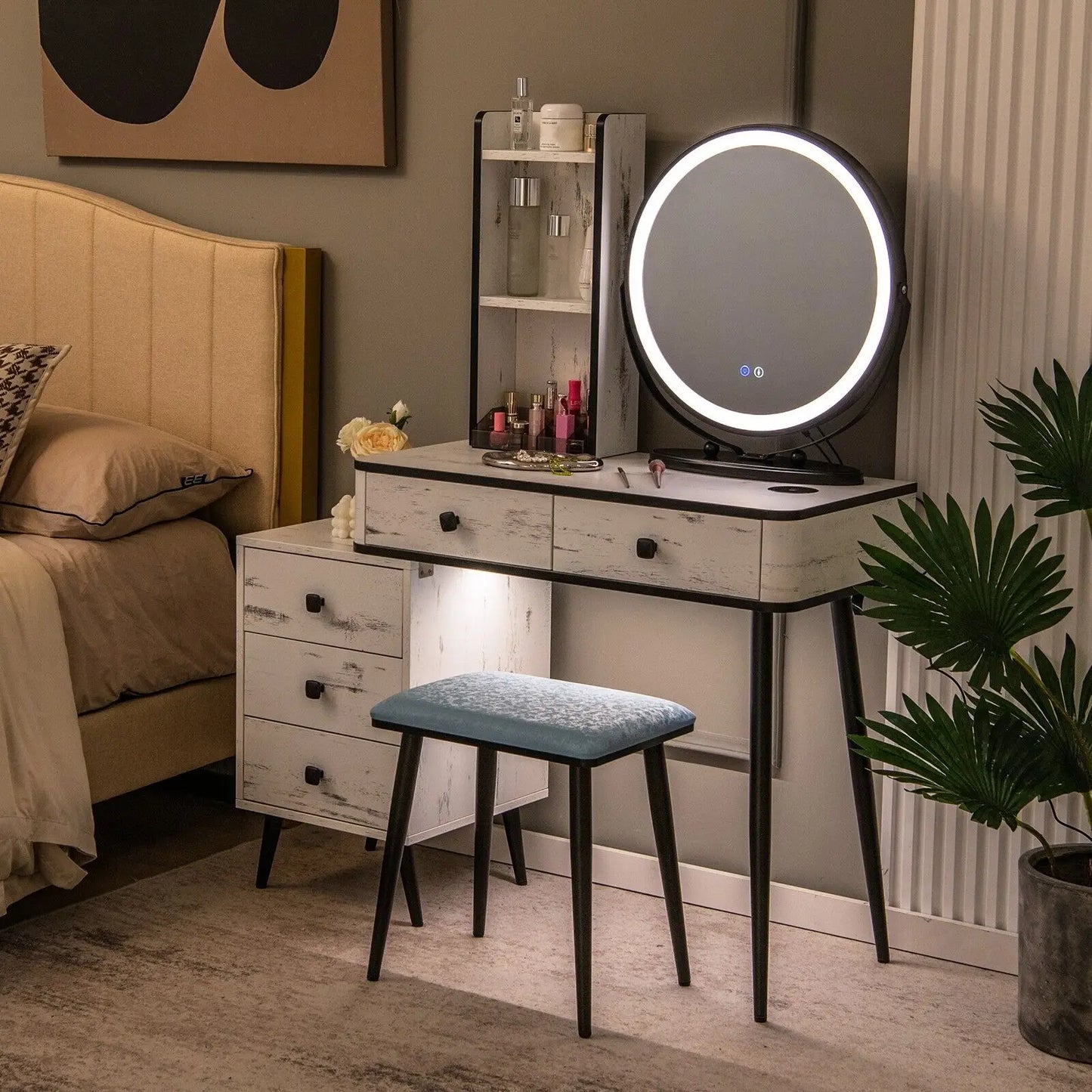 GOFLAME Vanity Set with 3-Color Lighted Mirror, Makeup Table w/ Cushioned Stool, 3-Drawer Chest