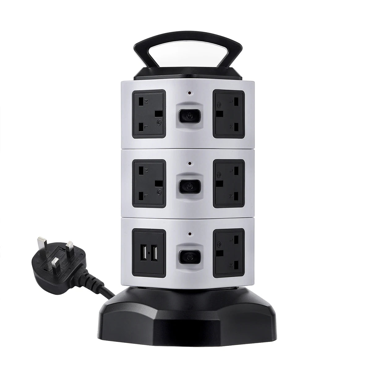 Vertical Power Strip 7/11/15 Ways Tower Socket Surge Protector UK Plug Multi Outlets with 2 USB 2m Extension Cable Home Office