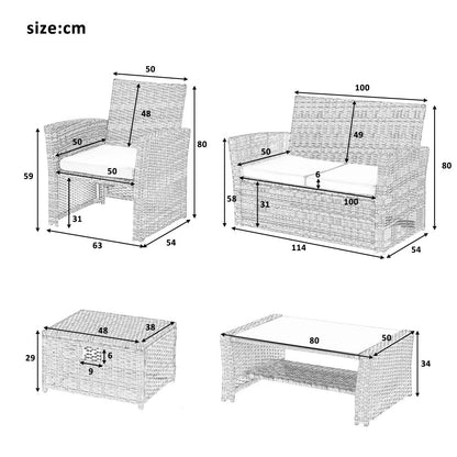 6 Pieces Garden Outdoor Patio Rattan Furniture Set, 6 Seater Sofa Set with Coffee Table & Footstools, Grey Rattan with Cushion