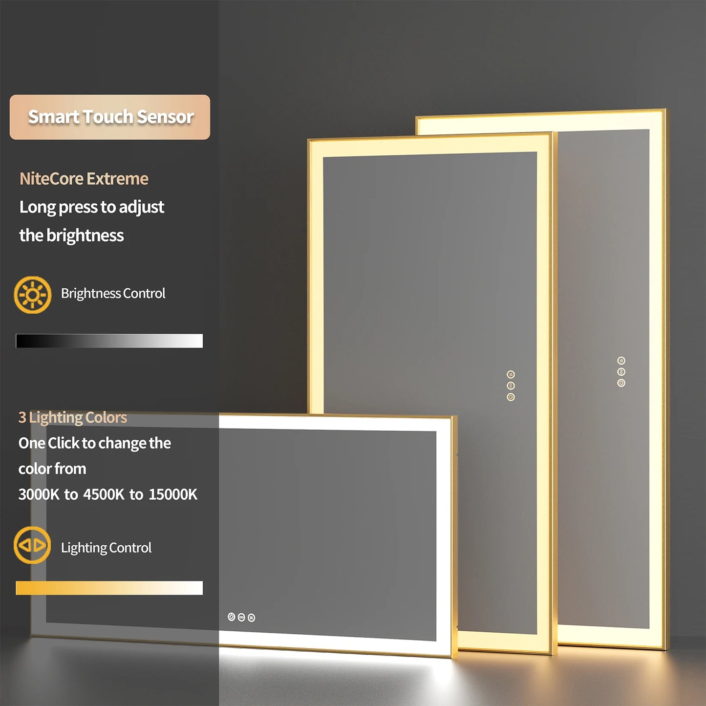 Overlength 140/151/160CM Rectangle LED Bathroom Mirror Gold Aluminum Frame Vanity MIirror Touch Defogging