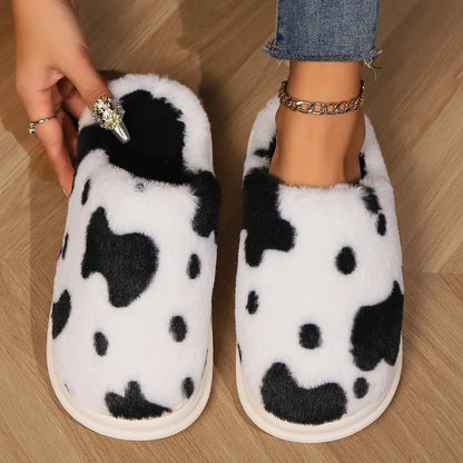 Pallene Cow milk Fuzzy Slippers Women Winter Cartoon Fur Slippers Soft Cozy Plush House Shoes Female Bedroom Cute Furry Slides