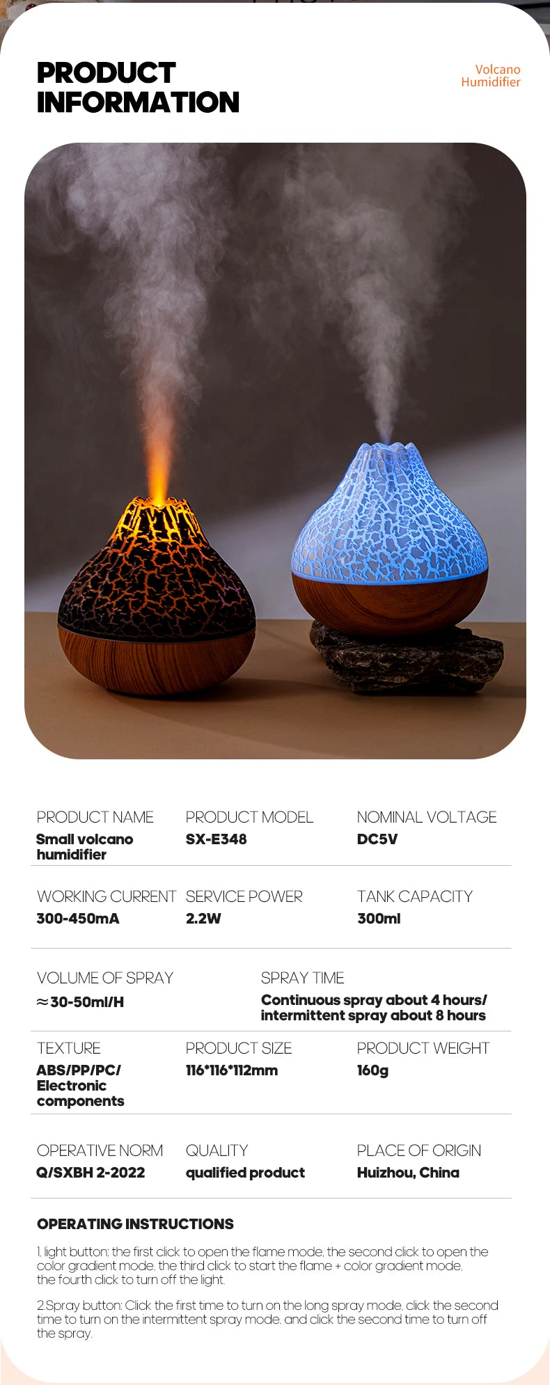 300ml Volcano Air Humidifier Desktop Electric USB Humidificadore Water Mist Diffuser Purifier Air Freshener With 7 Colors Night