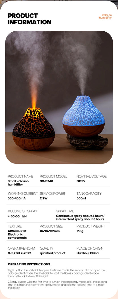 300ml Volcano Air Humidifier Desktop Electric USB Humidificadore Water Mist Diffuser Purifier Air Freshener With 7 Colors Night