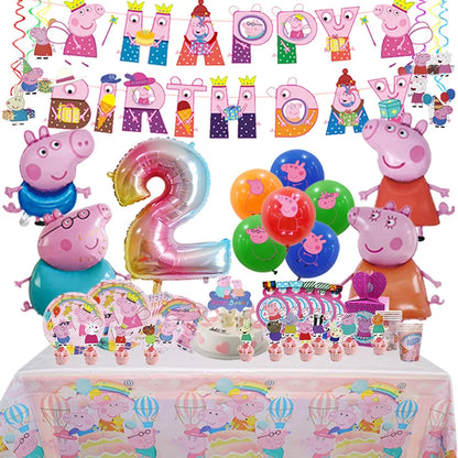 Peppa Pig Birthday Party Decoration Foil Latex Balloon For Kid Event Supplies Banner Backdrop Disposable Tableware Plate Cup