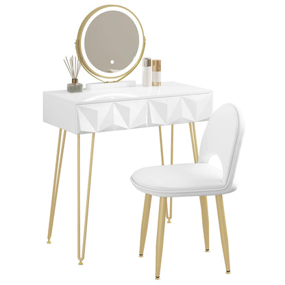 Dressing Table Vanity Cosmetic Table dresser with LED Light in 3 Light Colours  Velvet Chair 2 Drawers 360° Rotating Mirror