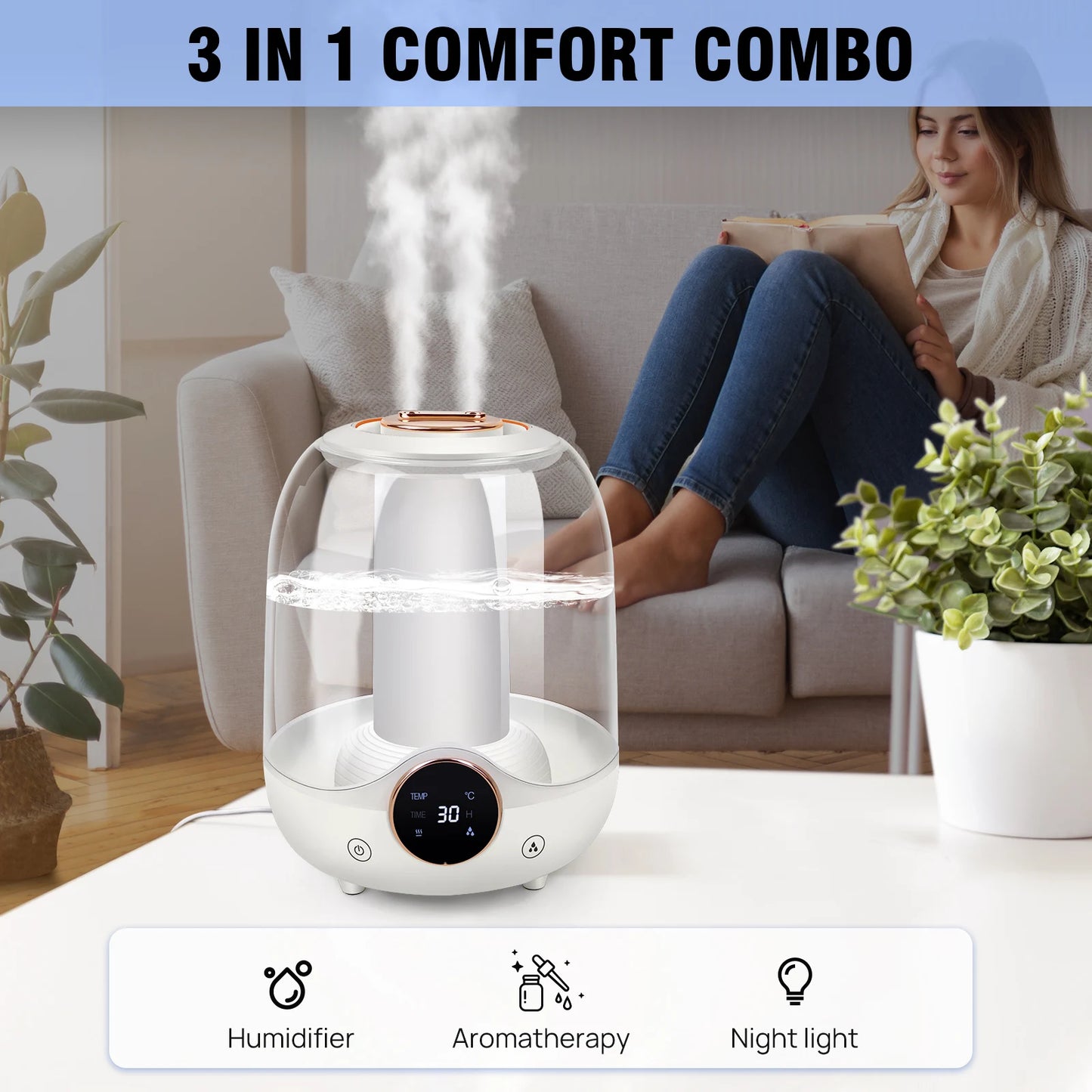 3L Humidifier for Bedroom, Air Humidifier for Home Office, 3 Mist Modes, 2 Nozzles, Timer and Waterless Auto-Off