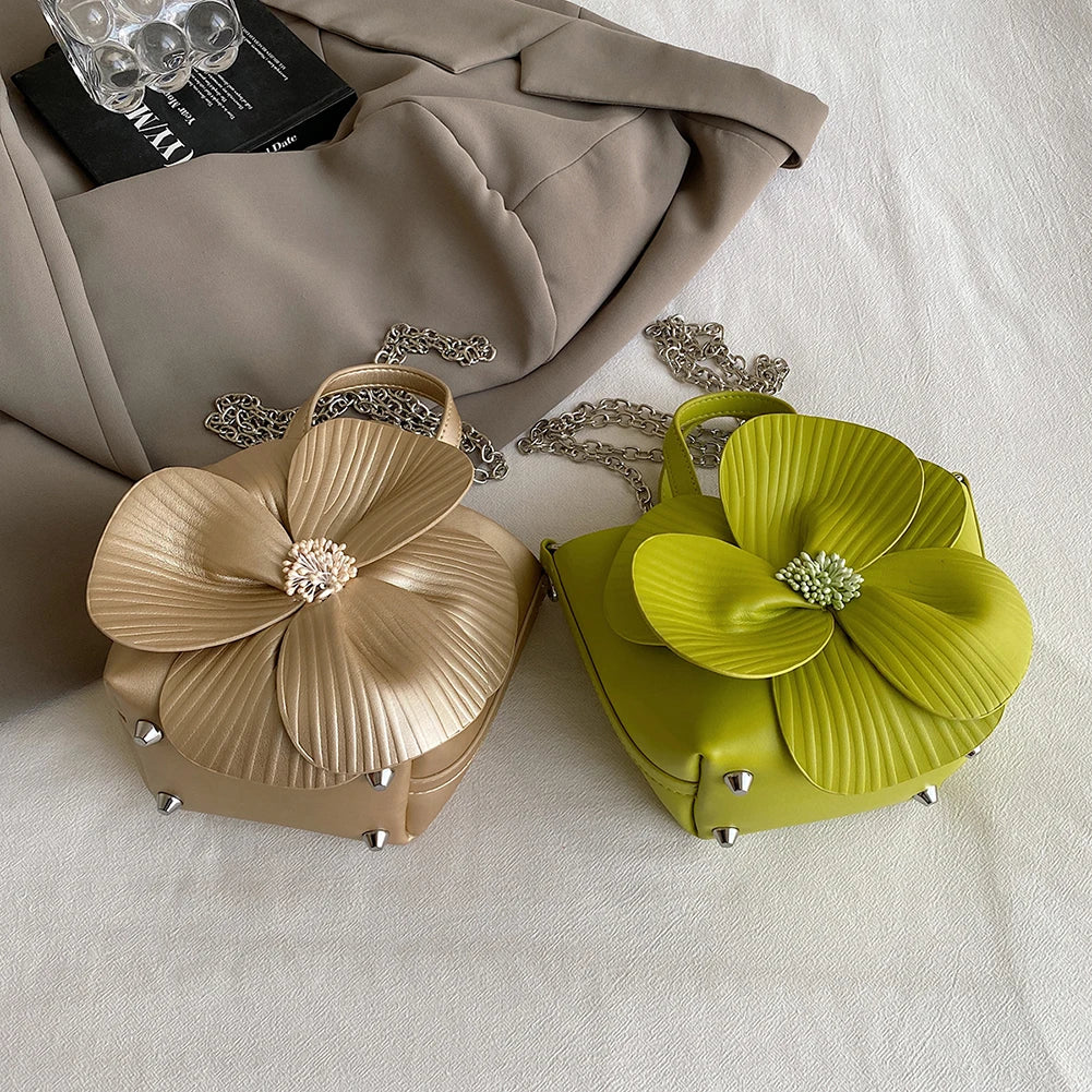 Premium PU Leather Flower Clutch Purse with Detachable Chain Elegant Bucket Bag for Weddings and Parties