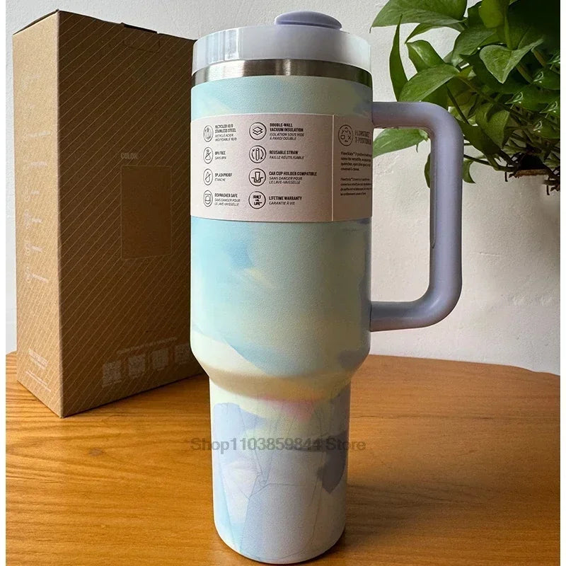 40oz Tumbler Vacuum Insulated Thermos Custom Travel Cup Stainless Steel Water Bottle Coffee Mugs With Handle Outdoor Drinkware ﻿