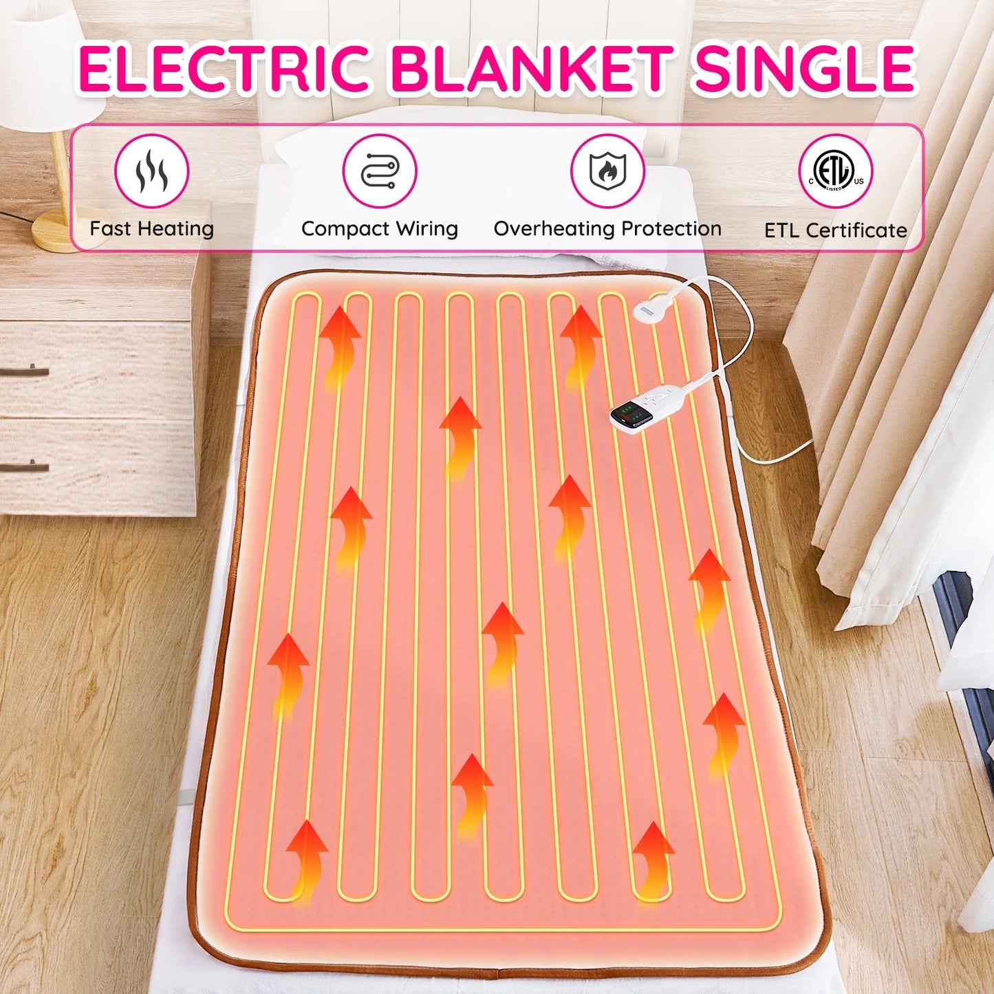 Electric blanket with auto shut-off Under bed heater with 12 hour timer and 3 heat levels with overheat protection