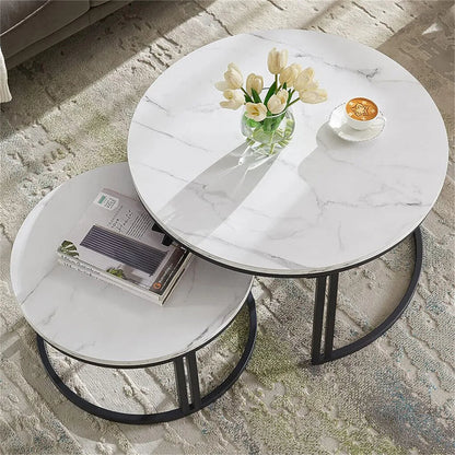 Nesting Coffee Table, Set of 2 Accent Tables, White and Gray Marble Top, Dual-Support Frame, Stacking Side Desk