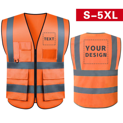 S-5XL Custom LOGO Safety Vest Reflective Vest with Pockets and Zipper High Visibility Construction Vest Workwear