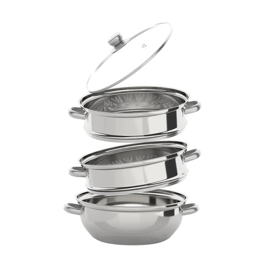 3-Tier 28CM Stainless Steel Steamer Food Cooking + Glass Lid Cookware Steam Pot Set Silver Hot Pot Steamer Veg Cooker