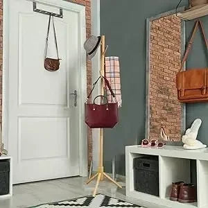 ZOBER Coat Rack Free Standing - Wooden Coat Tree W/ 6 Hooks - Coats, Purses, Hats - Adjustable Sizes, Easy Assembly - Natural