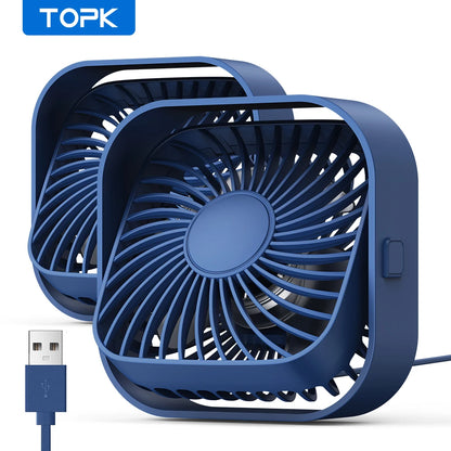 TOPK USB Desk Fan,[2Pack]Strong Airflow&Quiet Operation Mini Personal Fan,3 Speed Wind Small Fan,360°Rotatable Table Cooling Fan